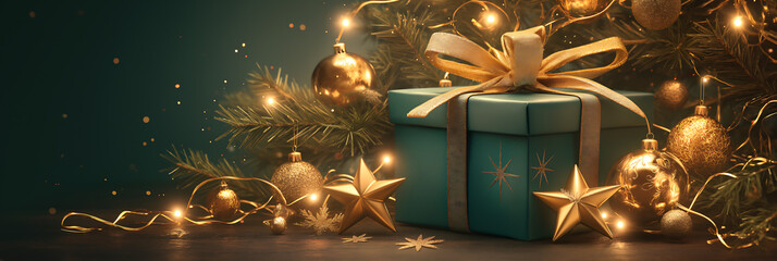 Dark green gift box with golden bow to the right, leaving a blank space on the left side for a personalized Christmas message. Banner.