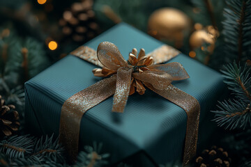  A stylish black festive backdrop with a dark green gift box and a golden bow, creating a luxurious and modern holiday greeting.