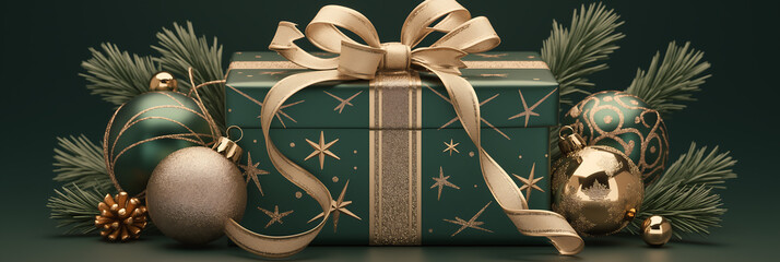 Dark green gift box with an elegant golden bow, placed on a black festive background with faint shadows, perfect for a holiday banner.