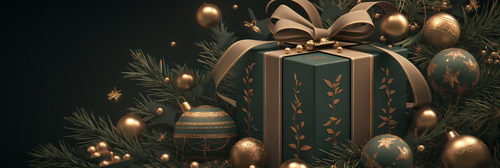 Dark green gift box with a golden bow, nestled among branches of the Christmas tree on a dark festive background. Banner.