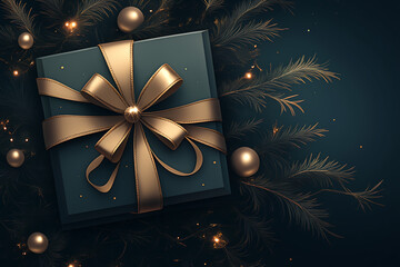 A dark green gift box with an elegant golden bow rests on a black backdrop, adding depth with shadows, perfect for holiday greetings.
