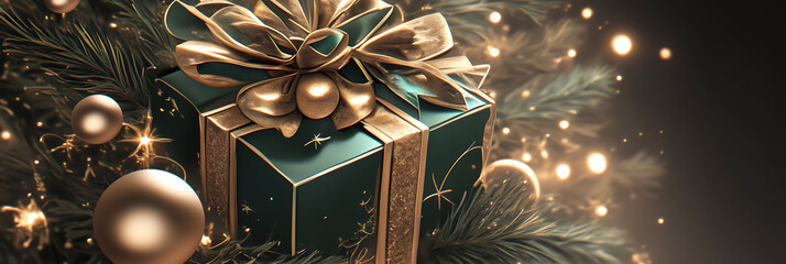 Dark green gift box with a golden bow resting against a rich black background, ideal for Christmas or New Year banners.