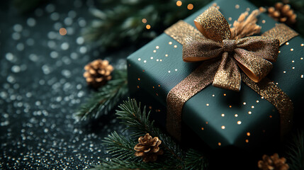 A golden bow and shadows cast on a dark green gift box against a deep, shadowy backdrop, perfect for a festive greeting card.