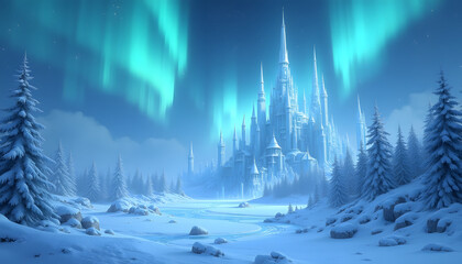 Frozen castle under northern lights with snowy landscape in digital game style
