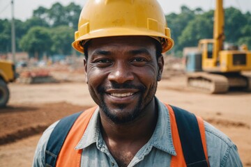 Close portrait of a smiling 40s Gabonese man construction worker looking at the camera, Gabonese outdoors construction site blurred background