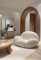 A photo of the living room in an apartment, featuring white walls and light wood floors. The floor is covered with soft, fluffy carpeting