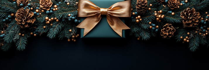 Stylish gift box in deep green with a golden bow on top, set against a dark holiday background with shadowy branches of a Christmas tree.