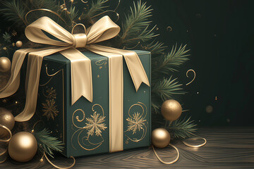  A sophisticated gift box in dark green, with a golden bow provides an elegant backdrop for Christmas or New Year cards.