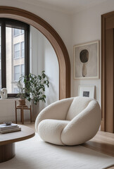 A photo of the living room in an apartment, featuring white walls and light wood floors. The floor is covered with soft, fluffy carpeting