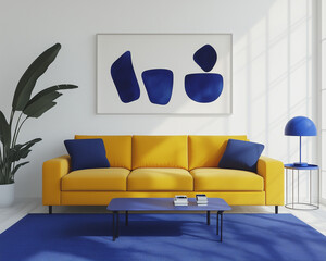 Minimalist interior design a living room with a blue carpet and a yellow sofa, white walls