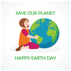 Little girl hugging planet Earth. Save the earth and the environment. Earth Day concept. Flat vector illustration.