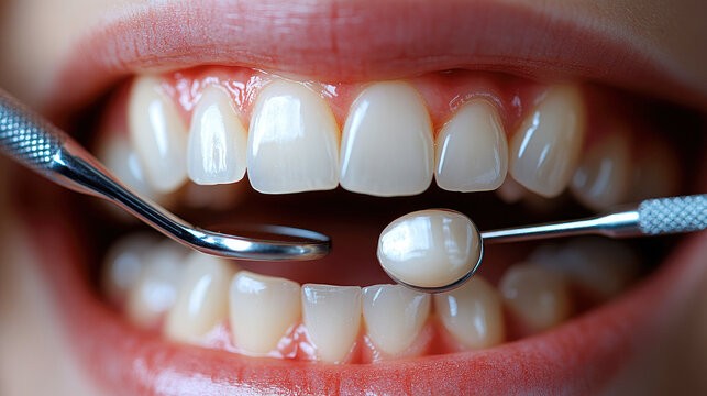 Close-up of smiling face with healthy, aligned teeth for dental hygiene concepts.