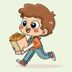 Boy with a happy face walking with a bag of fried chicken thighs, cartoon vector illustration art
