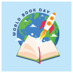 Book with flying rocket icon. Reading increases inspiration. World Book Day concept. Flat vector illustration.