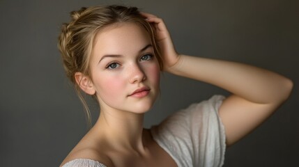 Naklejka premium Portrait of a young woman with soft lighting and a serene expression.