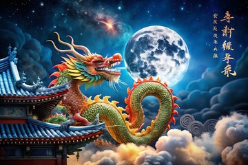 Obraz premium Lunar New Year Celebration: Moon, Clouds, and Dragon Imagery for Festive Designs