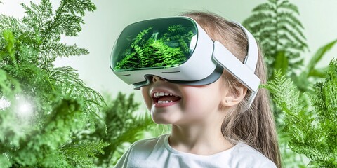 A young girl wearing VR glasses smiles and looks at the screen of her virtual reality device, which shows an outdoor scene with green plants in the background. 