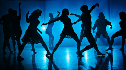 Silhouette of people dancing on a dance floor.