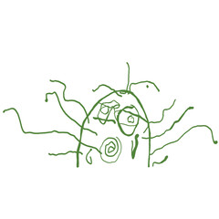 Cute green alien monster in sketch style. Childish primitive drawing. Scary art. Picture painted by a kid. A poster on the wall. Pencil or marker portrait