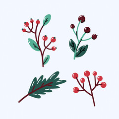 Vector set of plant elements for Christmas and New Year. Fir branches, berries, leaves. Cranberry.