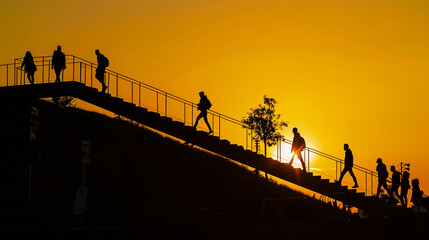 Silhouette of people walking down a ramp at sunset.