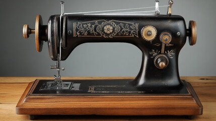 Vintage Sewing Machine on Wooden Table with Intricate Details and Classic Design for Tailoring and Crafting Enthusiasts