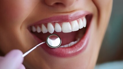 Close-up of a Woman's Teeth with a Dental Mirror