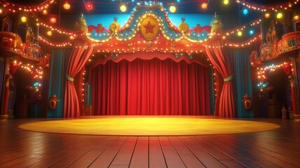 3D cartoon circus stage with red curtain 