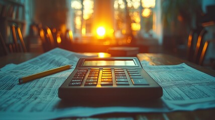 A calculator resting on financial papers with a warm sunset in the background, symbolizing the end of a workday and the importance of accounting and finance.