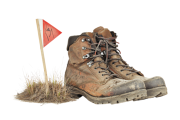A pair of worn hiking boots beside a red flag on grass, symbolizing adventure and exploration.