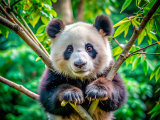 Obraz premium Panda hanging from the branches in tropical forest close up portrait.