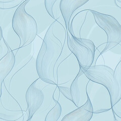 Seamless pattern of soft relaxing minimalist dark blue line drawing fine lines flowing botanical pattern curves and swirls on baby blue background