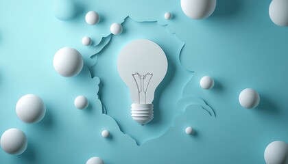 A creative light bulb design surrounded by abstract white spheres on a soft blue background, symbolizing innovation and ideas.