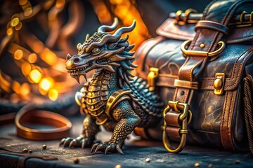 Fototapeta premium Macro Photography of Metal Processing Techniques with a Backpack and a Close-Up of a Black Dragon