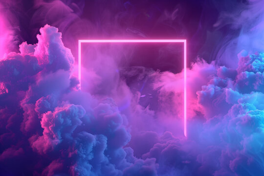 Luminous square. Synth wave, retro wave, vaporwave futuristic aesthetics. Glowing neon style. Horizontal wallpaper, background. Stylish flyer for ad, offer, bright colors and smoke neoned effect.


 - Powered by Adobe