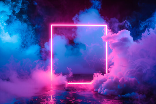 Luminous square. Synth wave, retro wave, vaporwave futuristic aesthetics. Glowing neon style. Horizontal wallpaper, background. Stylish flyer for ad, offer, bright colors and smoke neoned effect.


 - Powered by Adobe