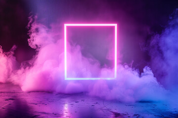 Luminous square. Synth wave, retro wave, vaporwave futuristic aesthetics. Glowing neon style. Horizontal wallpaper, background. Stylish flyer for ad, offer, bright colors and smoke neoned effect.


