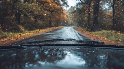 Rainy Road Through Autumnal Forest Seen From Car Windshield
