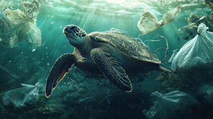Fototapeta premium Majestic Sea Turtle Swimming Through Polluted Plastic Ocean