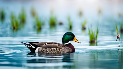 Obraz premium A duck is swimming in a pond with green grass