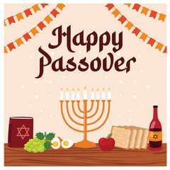 Happy Easter with vegetables, scriptures, and drinks. Joyful Easter celebration. Passover Day concept. Flat vector illustration.