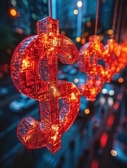 Bright red dollar signs illuminated at night, suspended against a blurred urban backdrop. A modern take on wealth and finance, capturing vibrant city nightlife elements.