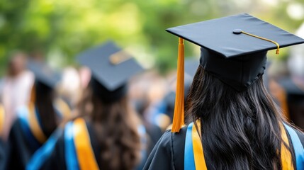 A back view of a graduate with a black cap and gown, with other graduates in the background.