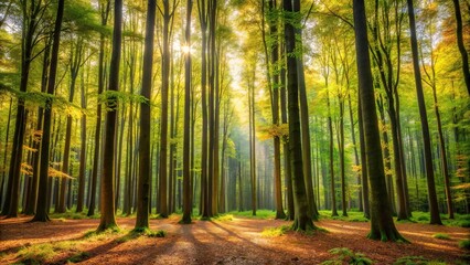 Obraz premium A gentle breeze rustles the leaves of tall trees in a forest, forest, branches, greenery