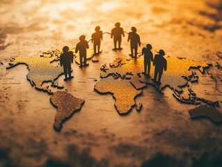 Silhouette of people standing on a map, symbolizing global unity and collaboration. Ideal for themes of teamwork, international relations, and globalization.