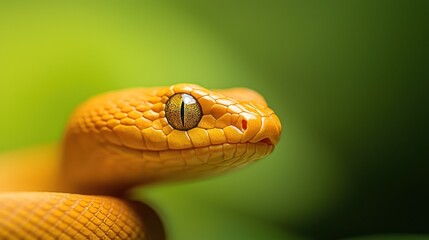 Fototapeta premium Close-up of an orange snake with a striking eye on a green blurred background. macro texture background.