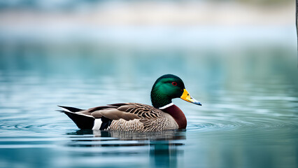 A duck is swimming in a body of water