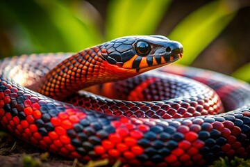 Fototapeta premium Majestic Silhouette of a Red and Black Snake with Detailed Scales in Nature, Capturing the Beauty of Wildlife and Exotic Reptiles in Close-Up Photography