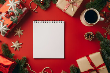 Top view of a blank notepad surrounded by festive Christmas decorations, gifts, and a cup of coffee on a vibrant red background