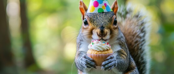 A squirrel wearing a birthday hat and eating a cupcake.